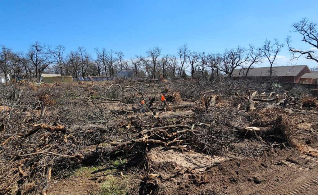 Professional lot clearing in progress on an Oklahoma City property with cleared brush and preserved trees in the background.