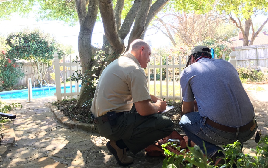 Two Arbor Masters Certified Arborists conducting tree health assessment in Des Moines residential backyard with mature trees.