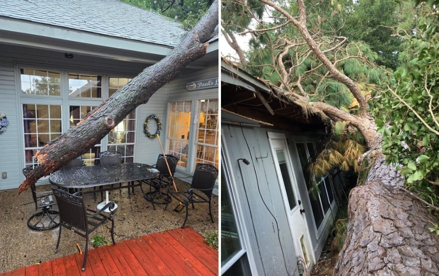 Large storm-damaged trees resting on residential roofs and decks after severe weather caused structural property damage.