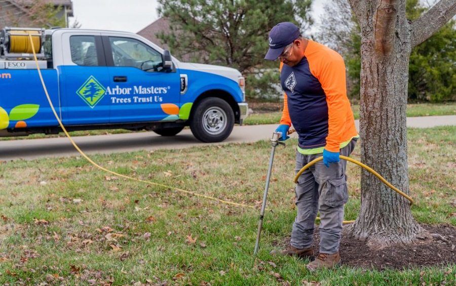 Arbor Masters PHC technician performing deep root fertilization on a mature tree with a branded service truck in the background.