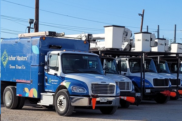 Arbor Masters fleet of bucket trucks — professional tree care serving Grapevine and North Texas