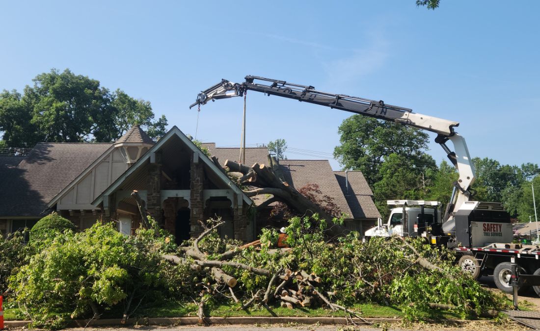 The Arbor Masters tree removal crane lifting a downed tree from a property in Fort Worth, TX.