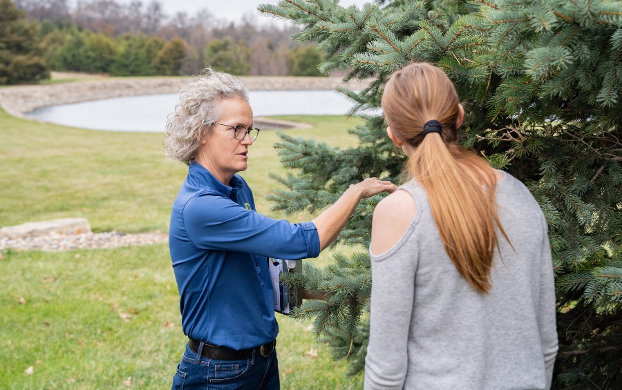 An ISA Certified Arborist from Arbor Masters providing professional tree consultation to a homeowner about evergreen care during the Dallas summer heat.