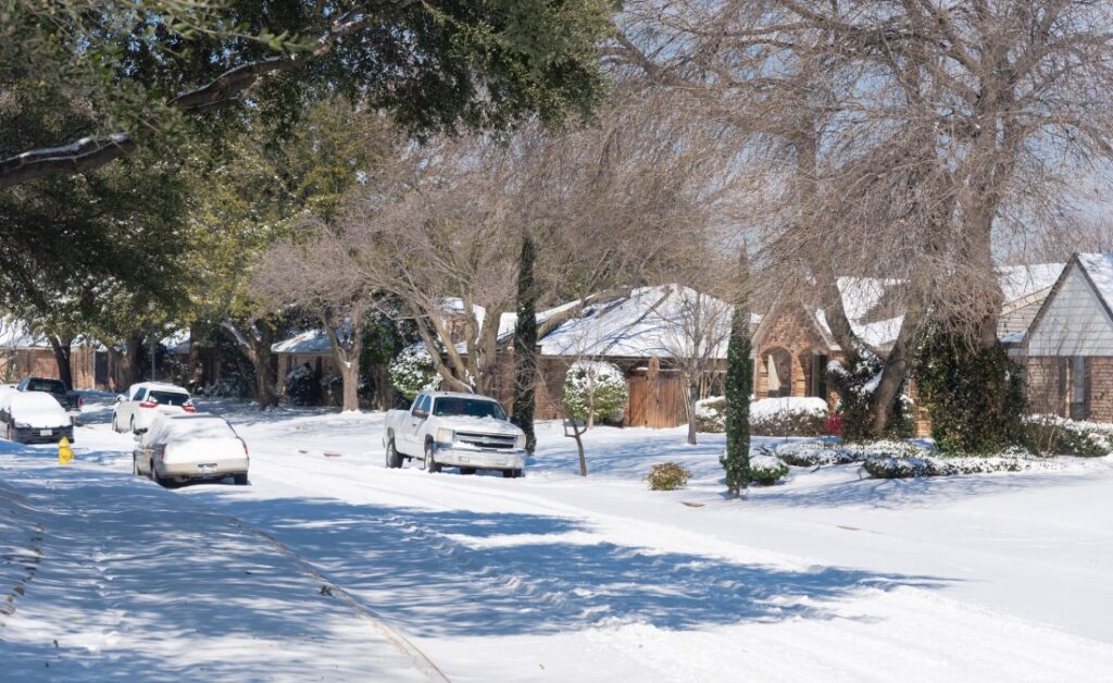 A Fort Worth residential neighborhood covered in snow with mature trees lining the street and houses with snow-covered roofs.