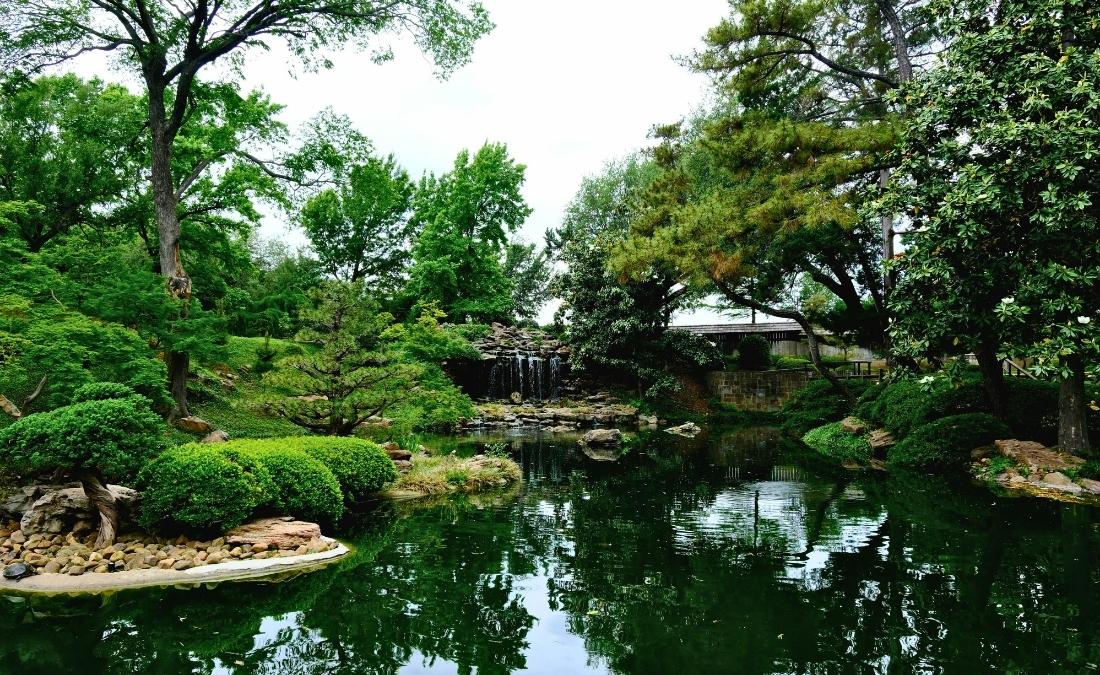 A landscaped pond surrounded by mature trees, ornamental shrubs, and a small waterfall reflects the kind of established canopy that drives property value in North Texas.
