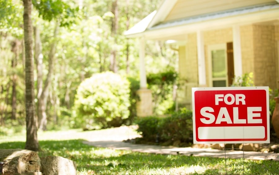 A "For Sale" sign sits in the front yard of a home framed by mature trees and established landscaping.