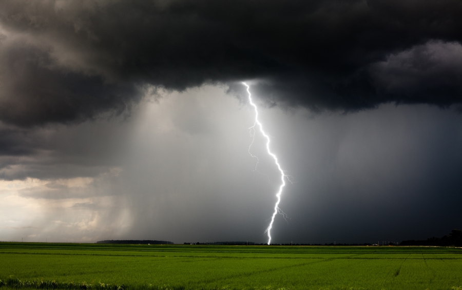 Storm clouds and a lightning strike over a field