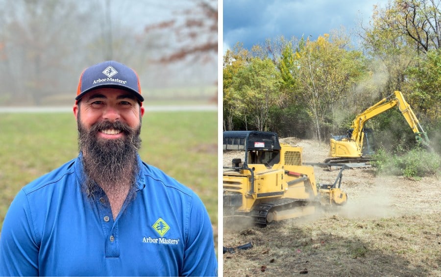 Side-by-side image of a bearded Arbor Masters arborist (Johnathon Walker) wearing a blue Arbor Masters polo shirt and logoed cap standing outdoors on a foggy day (left), next to a photo of two pieces of clearing equipment — a skid-steer with mulching attachment and a tracked excavator — working together on a wooded Northland lot (right).