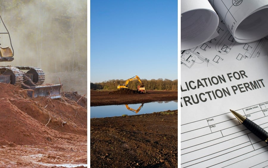 Three-panel image showing the stages of lot clearing permit compliance: a bulldozer pushing soil into a pile on cleared land (left), heavy equipment working near a water body reflecting the construction activity (center), and a construction permit application with rolled site plans and a pen ready for signature (right).