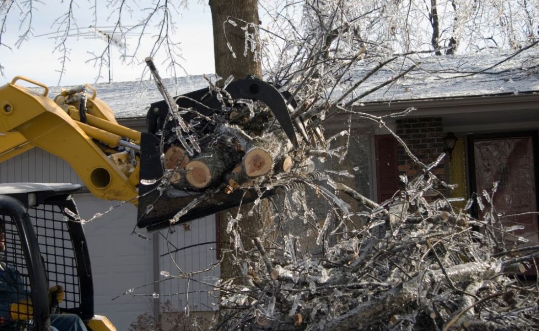 Arbor Masters using a skid steer with a grapple bucket to clear broken tree limbs from a front yard in Liberty, MO, following an ice storm.