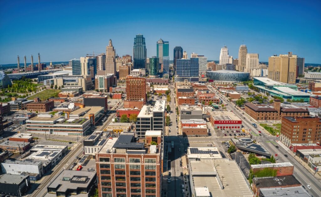 An aerial view of Kansas City during a dry summer.