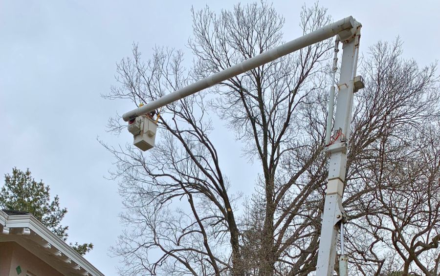 A member of the Arbor Masters team uses a bucket truck to help remove a tree in Mustang, OK.