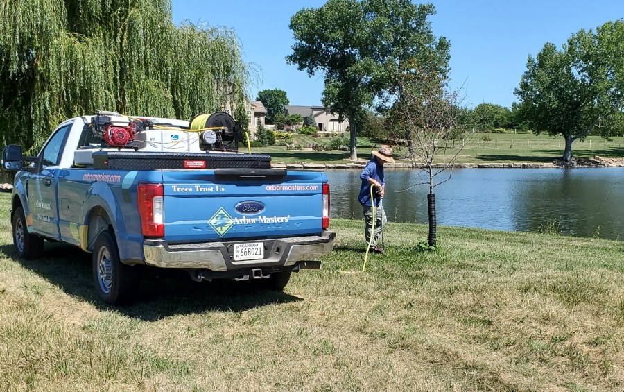 An Arbor Masters arborist fertilizing a young tree in Bixby, OK.