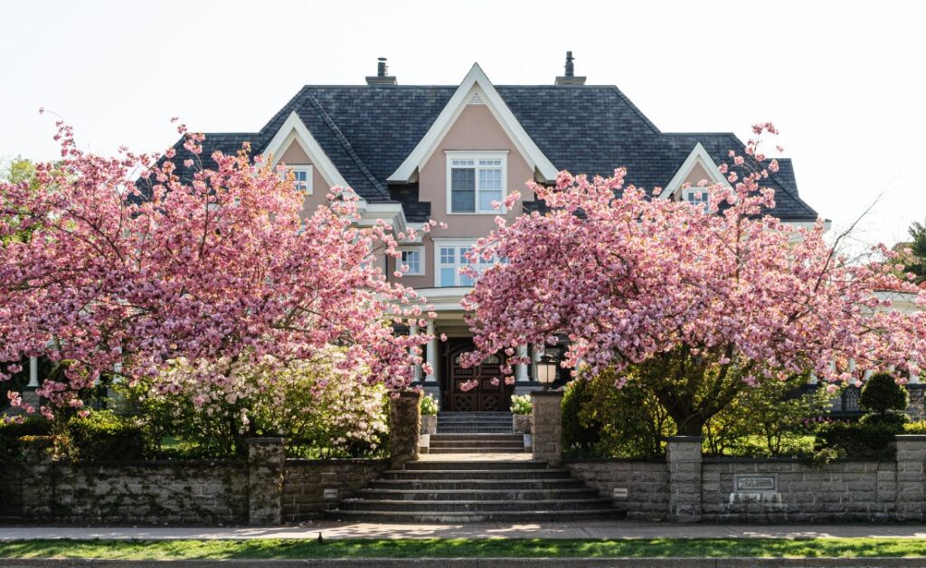 Pink flowering trees surrounding an upscale home with a blooming spring landscape.