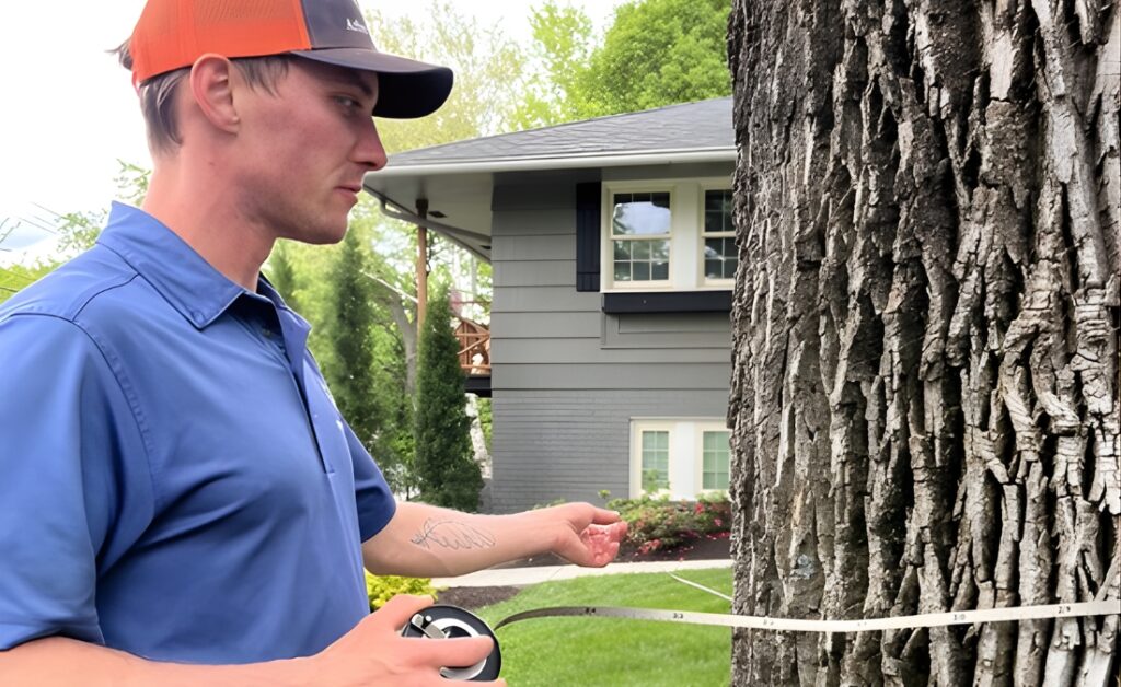 Arborist measuring tree trunk diameter with measuring tape during a plant health care inspection.