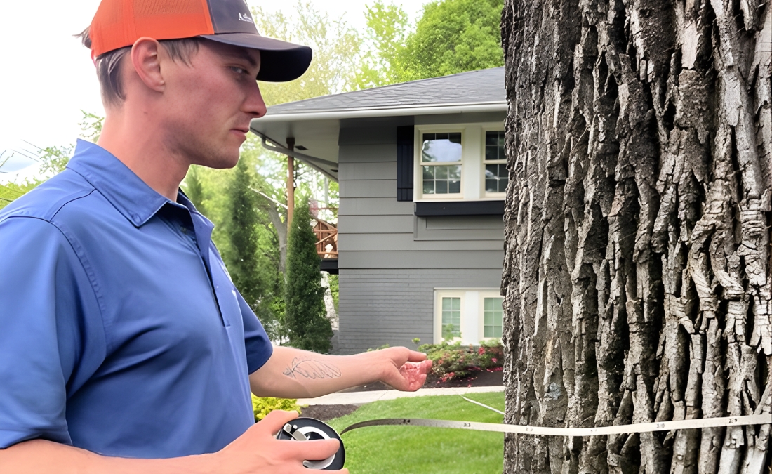 Arborist measuring tree trunk diameter with measuring tape during a plant health care inspection.