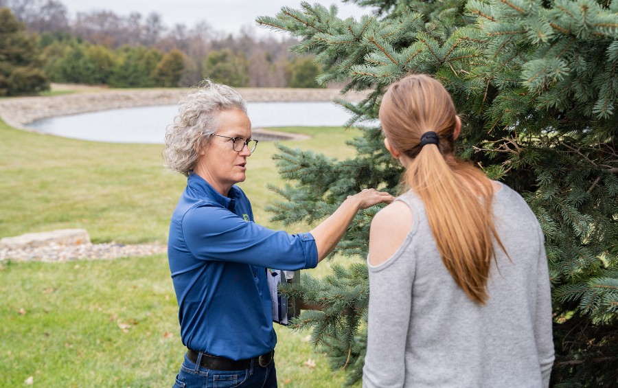 An arborist from Arbor Masters discusses with a client about her heat stressed tree.
