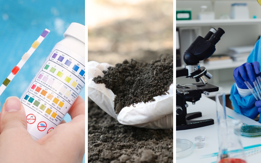 Three-panel image showing a soil pH test strip with color chart (left), a soil sample being collected in a bag (center), and laboratory microscope analysis of soil composition (right).