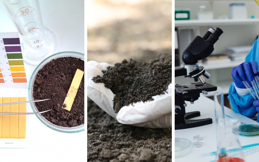 Three-panel image showing a soil pH test strip with color chart (left), a soil sample being collected in a bag (center), and laboratory microscope analysis of soil composition (right).