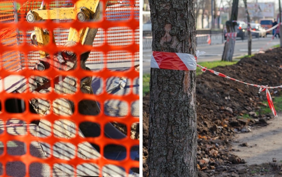 Two images side by side: An orange construction safety fence covers heavy yellow excavation equipment (left), and a red and white construction ribbon is tied around the trunk of a mature street tree next to a freshly disturbed dirt curb line (right).
