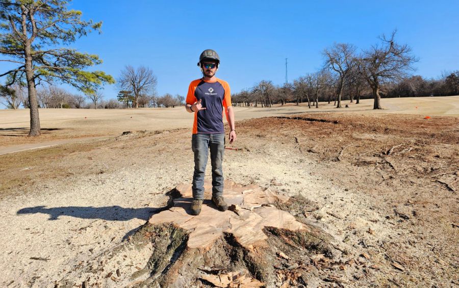 A member of the Arbor Masters team standing on a massive stump in Catoosa, OK.