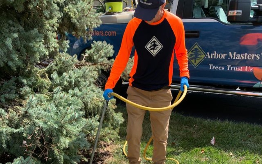 An Arbor Masters technician in safety gear operating deep root injection fertilization equipment next to a service truck and an evergreen tree.