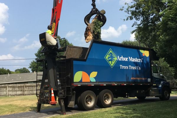 A grapple-claw truck collecting trunks of freshly removed tree on a property near Oklahoma City, OK.