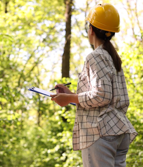 An arborist with a helmet and clipboard counting and checking trees in a property near Tulsa, OK