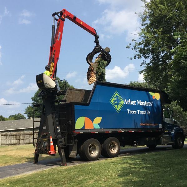 A grapple-claw truck of Arbor Master's collecting some trunks after a tree removal