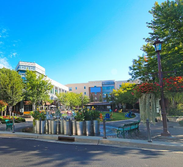 Overland Park entrance area with trees and landscaped garden