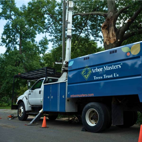 An Arbormasters truck parked beside the sidewalk of a road.