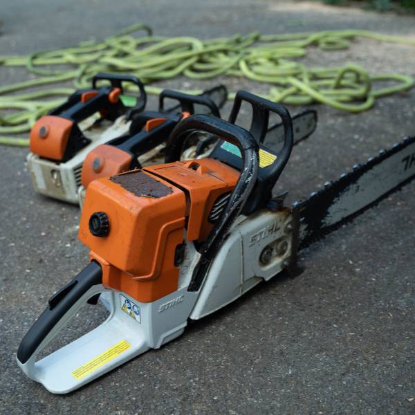 Chainsaws gathered and placed on the road.