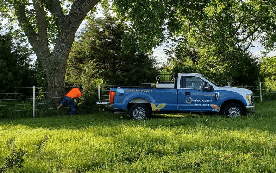 An Arbor Masters truck parked beside a large shade tree as a technician works nearby.
