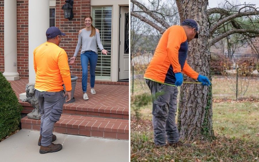 Arborist greeting a homeowner and measuring a tree trunk diameter during a property visit.