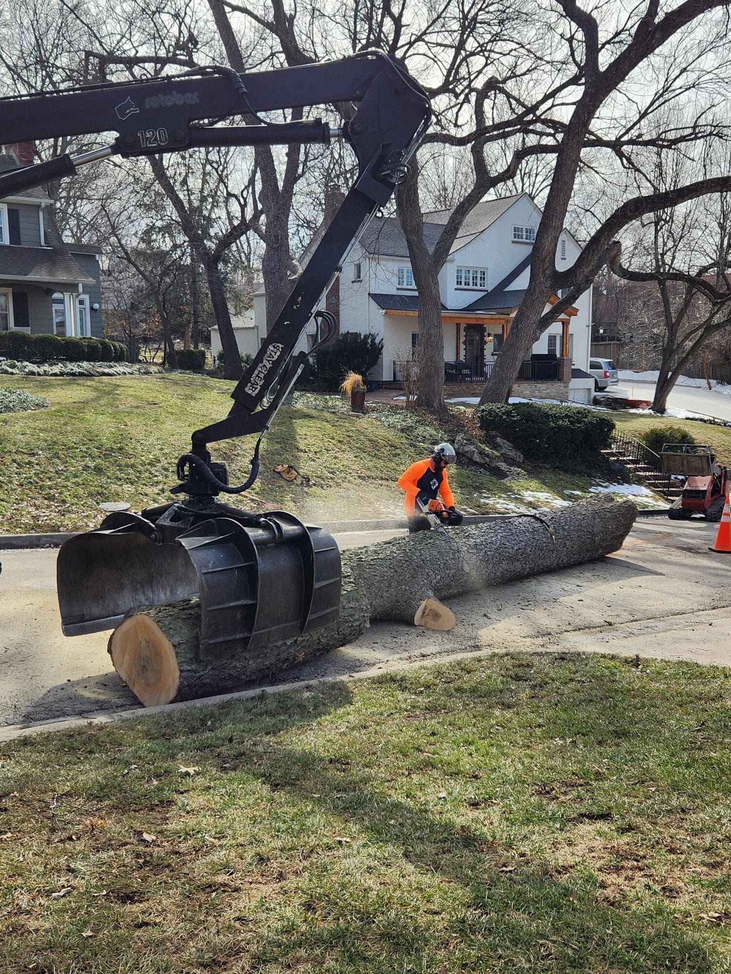 ArborMasters tree removal crew cutting a large tree trunk along a residential street in Lee’s Summit.