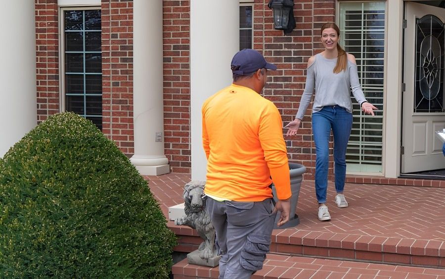 Homeowner greets a tree care professional arriving for an assessment at a brick house.