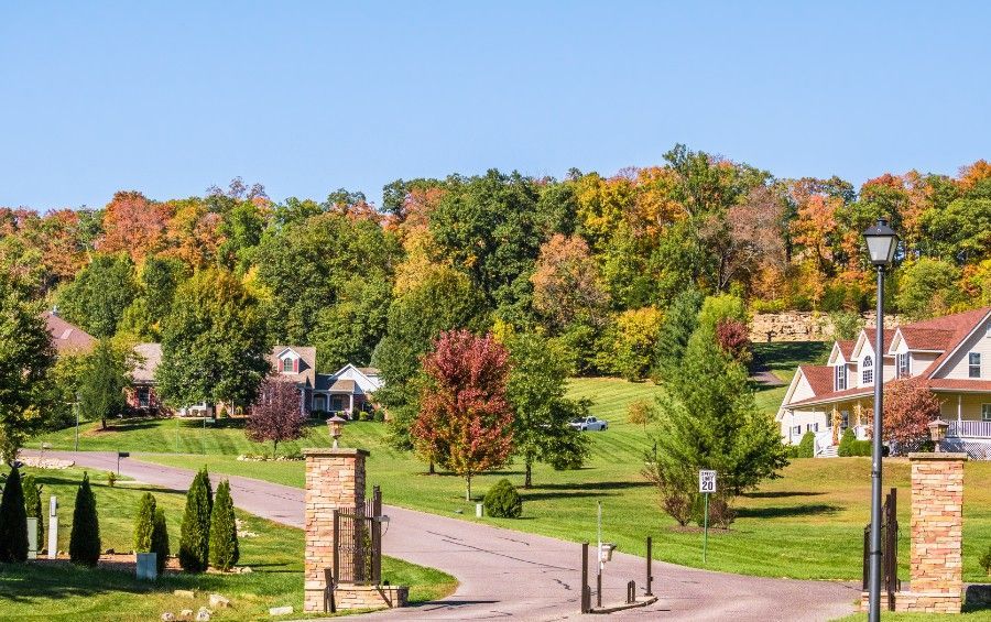Neighborhood street lined with large trees changing to fall colors in Eastern Jackson County.