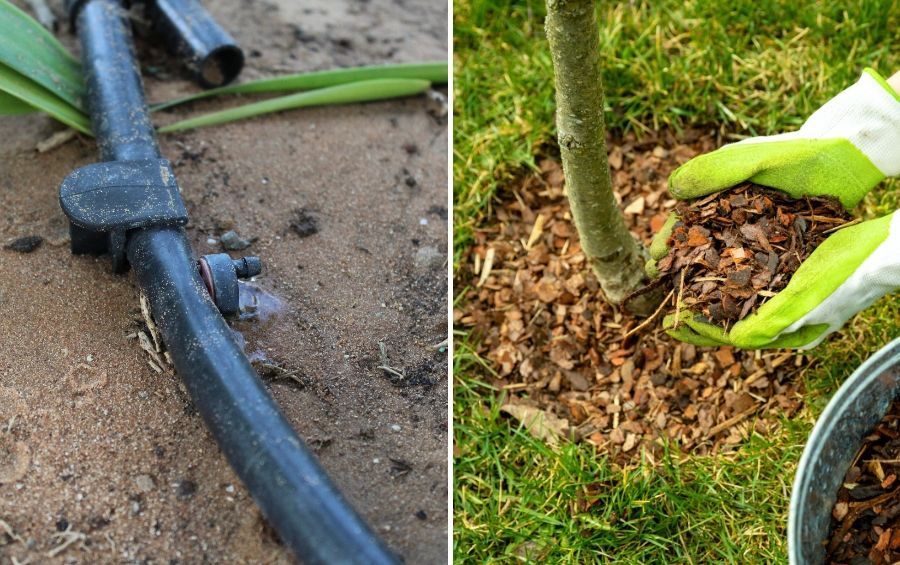 Soaker hose running along damp soil, and gloved hands spreading bark mulch around a young tree.